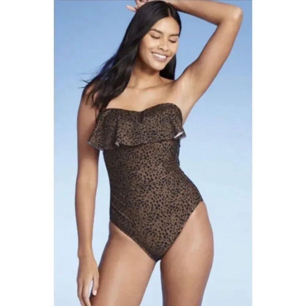 Kona Sol Bandeau Flounce Full Coverage One Piece Swimsuit XL Leopard